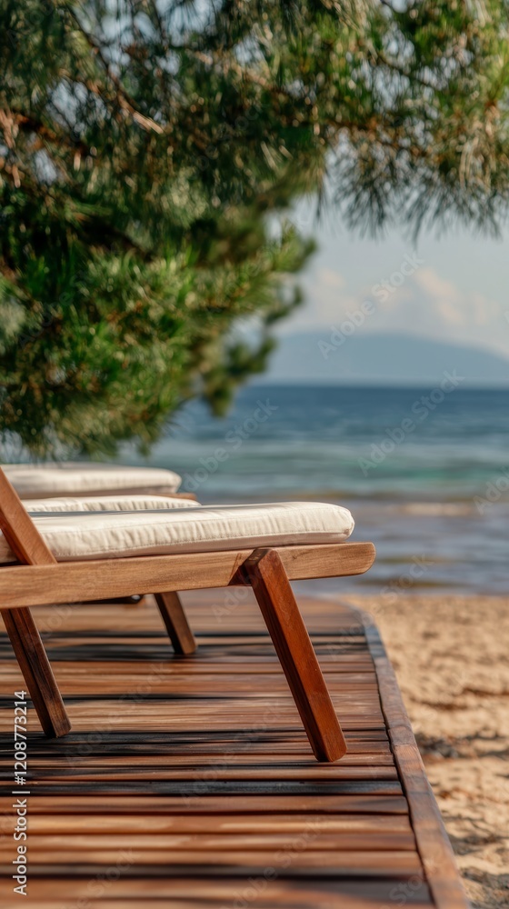 Fototapeta premium Serene Beach Getaway Wooden Loungers Ocean View Sunset Relaxation