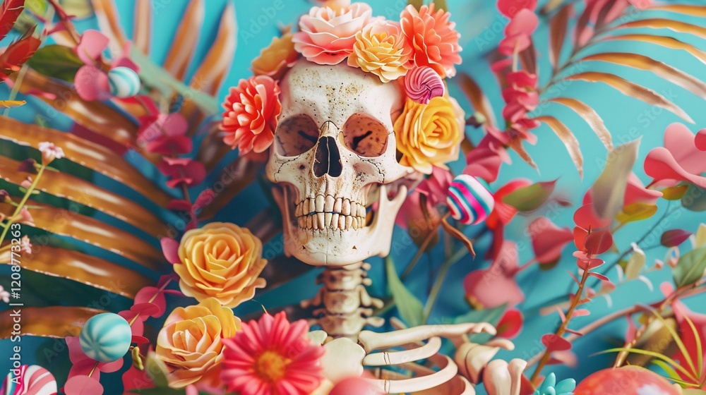 Obraz premium Skeleton with candy and vibrant plants