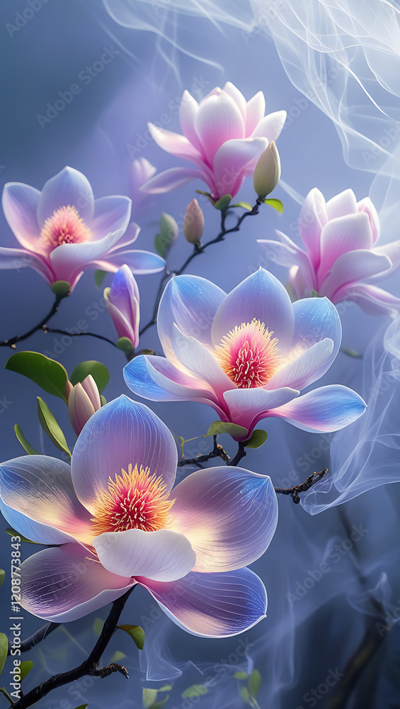 Fototapeta premium beautiful light spectrum magnolia flowers, created by generative ai