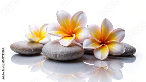 Spa stones with frangipani flowers on a white background ,  spa, stones, frangipani, flowers, relaxation, wellness