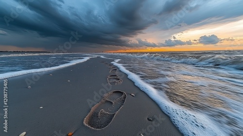 Sunset storm beach footprints ocean waves