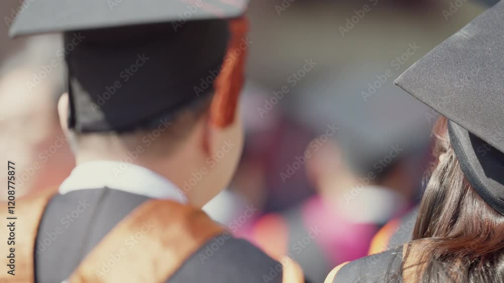 A woman wearing a black graduation cap and gown stands in front of a ...