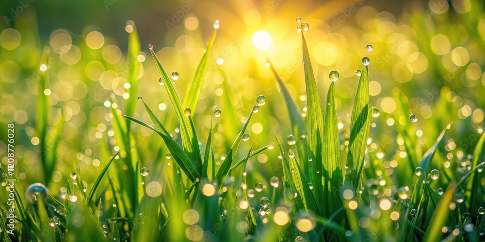 Fototapeta premium Vibrant green grass with droplets of dew in the early morning sunlight, fresh, spring, grass, dew, vibrant, green