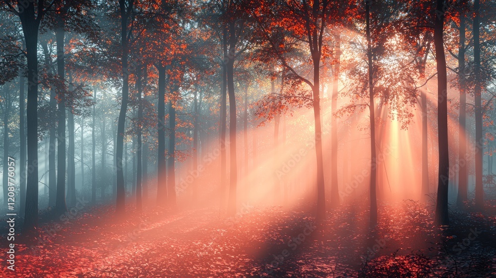 Obraz premium Enchanted Autumn Forest: Sunbeams Dance Through Misty Trees