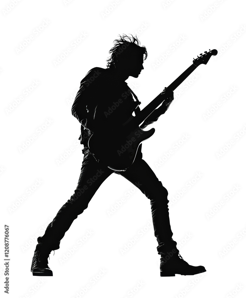 Musician plays guitar in a dynamic pose during live performance at night event isolated on transparent background Musician plays guitar in a dynamic pose during live performance at night event isolated on transparent background