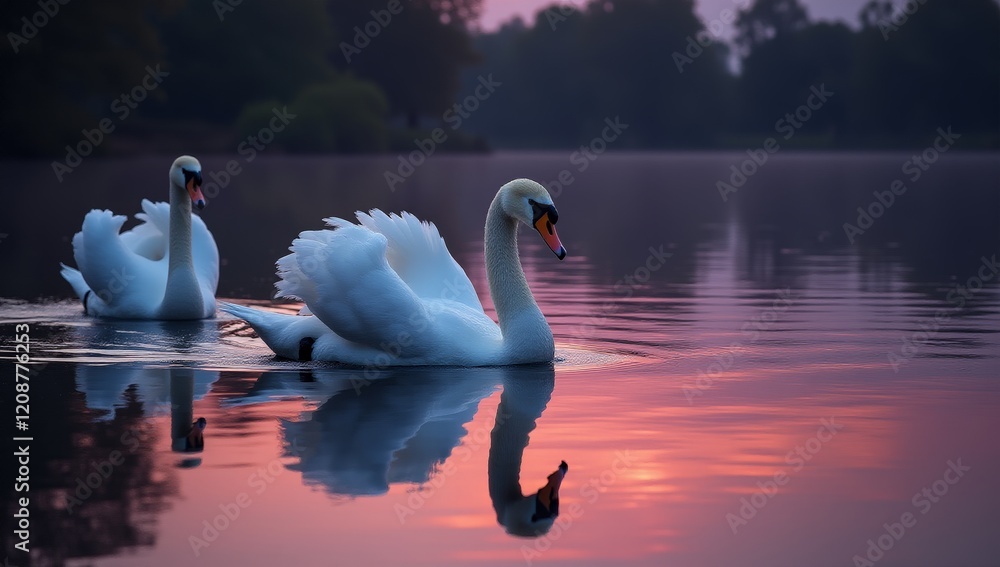Fototapeta premium Beautiful Swans On Lake At Sunset