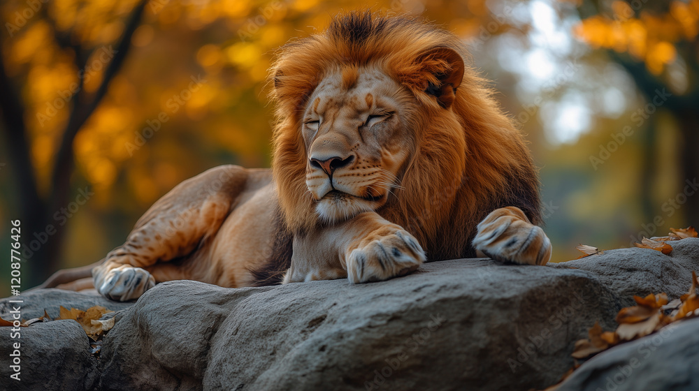 Naklejka premium A male lion rests on a rock