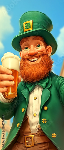 A man in a green outfit with a green hat is holding a beer and smiling. The image has a festive and cheerful mood, as it is likely a celebration of St. Patrick's Day photo