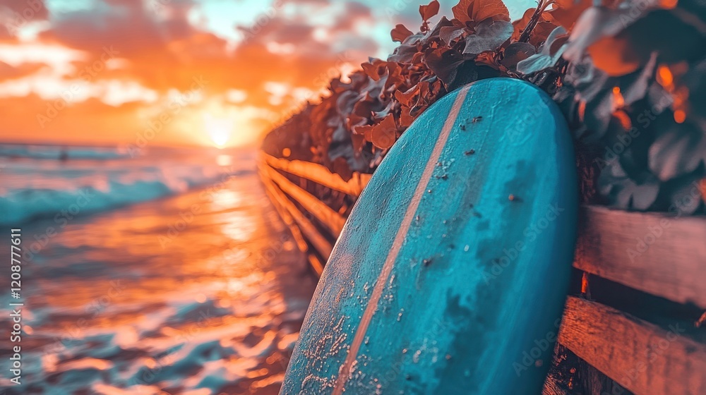 Sunset surf, ocean wave, beach, board, plants Sunset surf, ocean wave, beach, board, plants