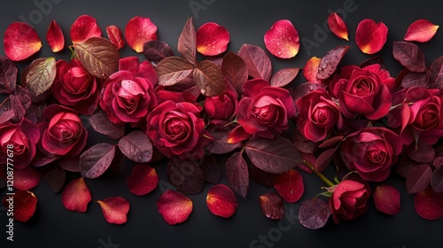 A rich collection of burgundy rose buds creates a deep, elegant background.