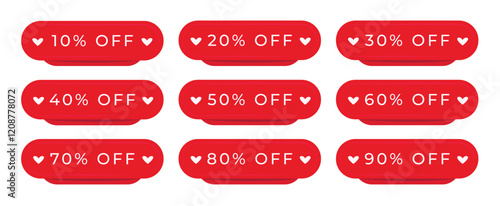 Set of red discount banners with hearts, coupons in many percentage variations, offers from 10% to 90%, vector button to increase sales on your website