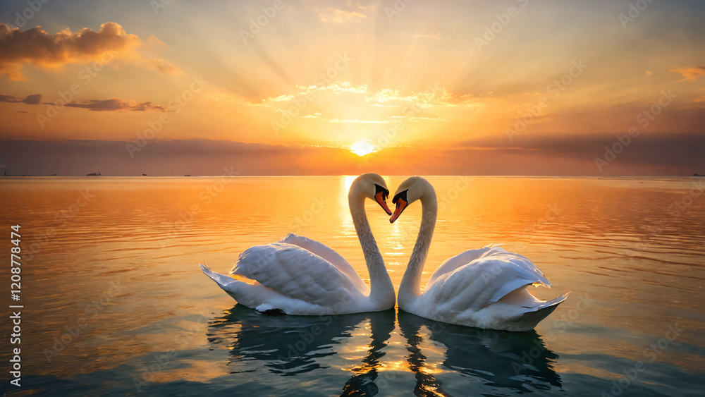 Fototapeta premium Swans lover on romantic valentine background. Dusk and sunset scenery. 