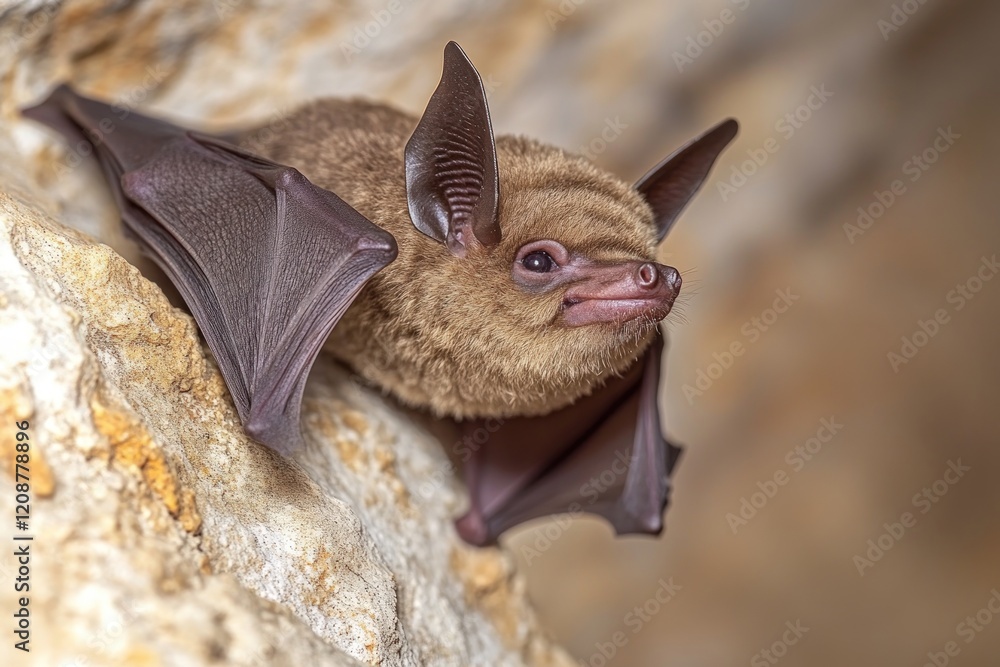 Obraz premium Brown bat clinging to cave wall.