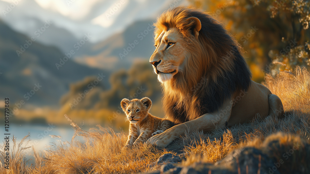 Obraz premium A lion and cub sit a top a hill