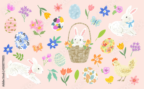 Hand painted cute Easter Vector clipart set with Easter eggs, rabbits, flowers and chicken for Banners, Posters, Patterns, and stationary