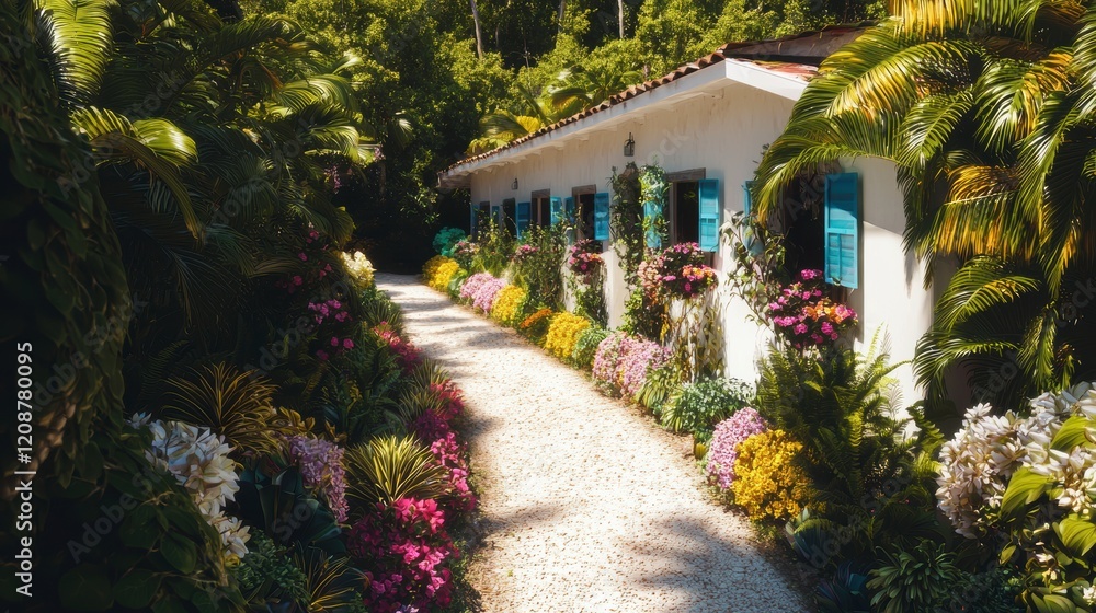 Obraz premium Tranquil Villa Path Lush Tropical Garden Flowers White House
