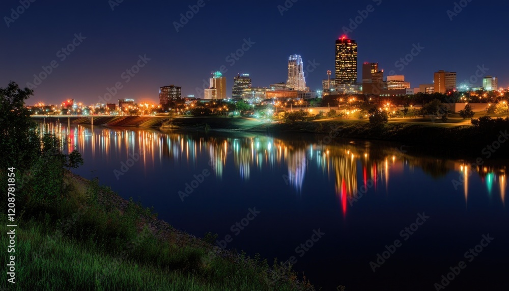 Fototapeta premium Cityscape Lights Reflecting on Water at Night