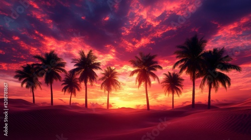Palm Trees Silhouetted Against Vibrant Sunset Over Sand Dunes