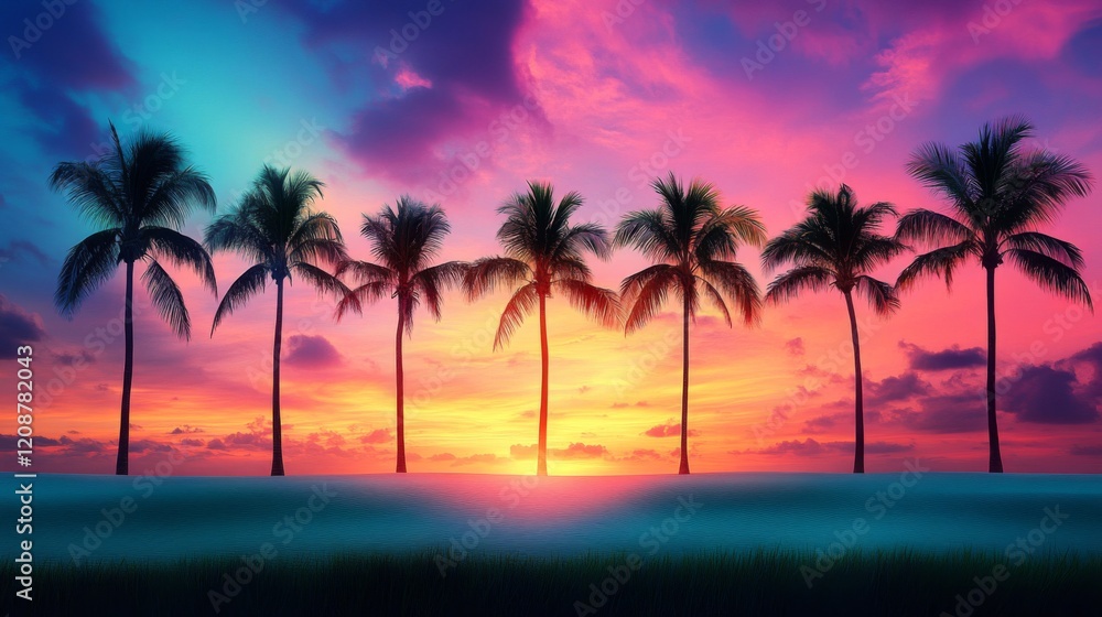 Vibrant Sunset Silhouette Of Palm Trees On Beach Vibrant Sunset Silhouette Of Palm Trees On Beach