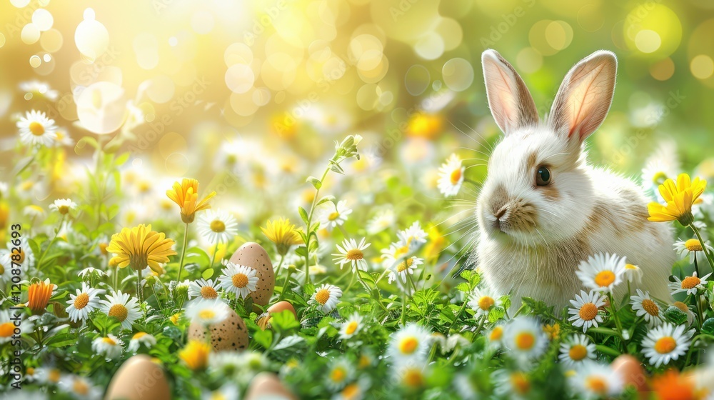 Fototapeta premium An Easter Background With A Bunny, Eggs And Flowers