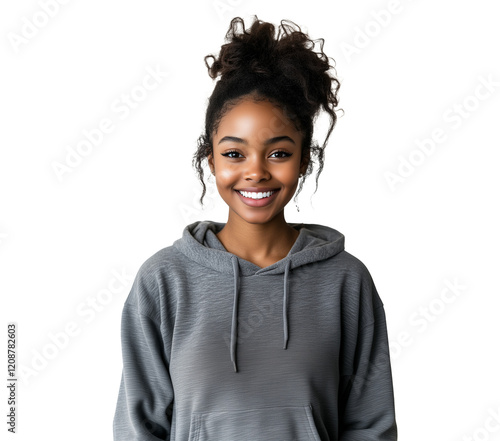 Portrait of a young, smiling, teen African American girl student wearing a grey hoodie, isolated on a transparent background, cut out