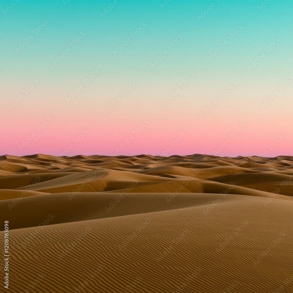 Naklejka premium Scenic Desert Landscape Rolling Sand Dunes at Sunrise Pink Sky