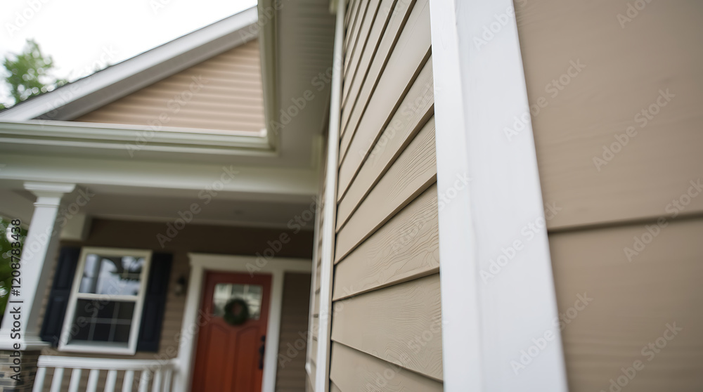 Modern House Exterior with Beige Siding and White Trim: Real Estate Photography Modern House Exterior with Beige Siding and White Trim: Real Estate Photography