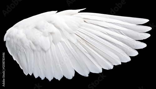 Close-up of a single, pristine white bird wing, isolated on black background. photo