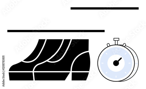 Black shoes in motion paired with a stopwatch evoke themes of urgency, timing, progress, performance, and athletics. Ideal for sports, productivity, deadlines, goals time management competition