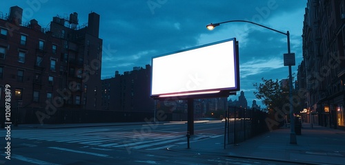 Street corner with an unlit billboard and a darkening sky.