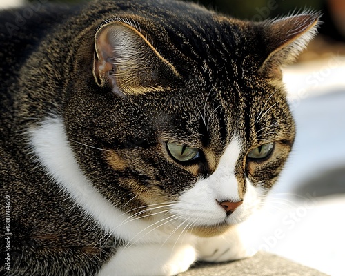 Close-up of a tabby cat with green eyes, white chest, and serious expression. photo