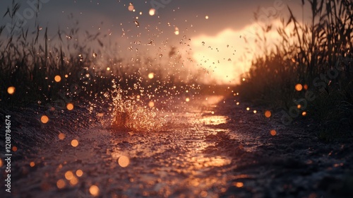 A dramatic scene of raindrops splashing onto a muddy path, creating small water explosions with every drop. photo