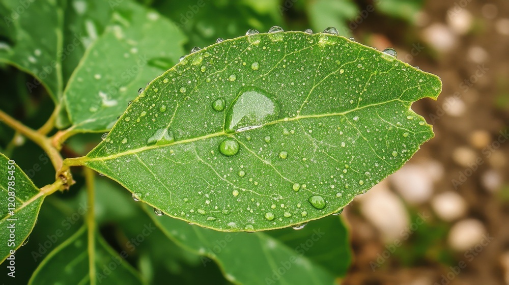 A macro shot of tiny raindrops clinging to the edges of a green leaf, reflecting the surrounding nature like tiny lenses. A macro shot of tiny raindrops clinging to the edges of a green leaf, reflecting the surrounding nature like tiny lenses.