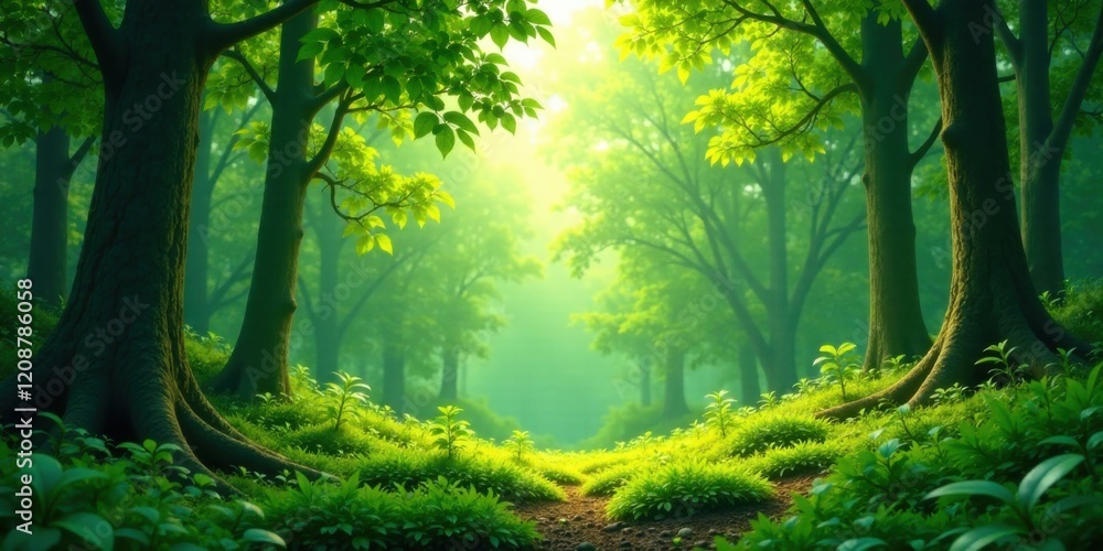 Obraz premium Sunlit Path Through a Lush, Verdant Forest of Tall Trees with Vibrant Green Undergrowth