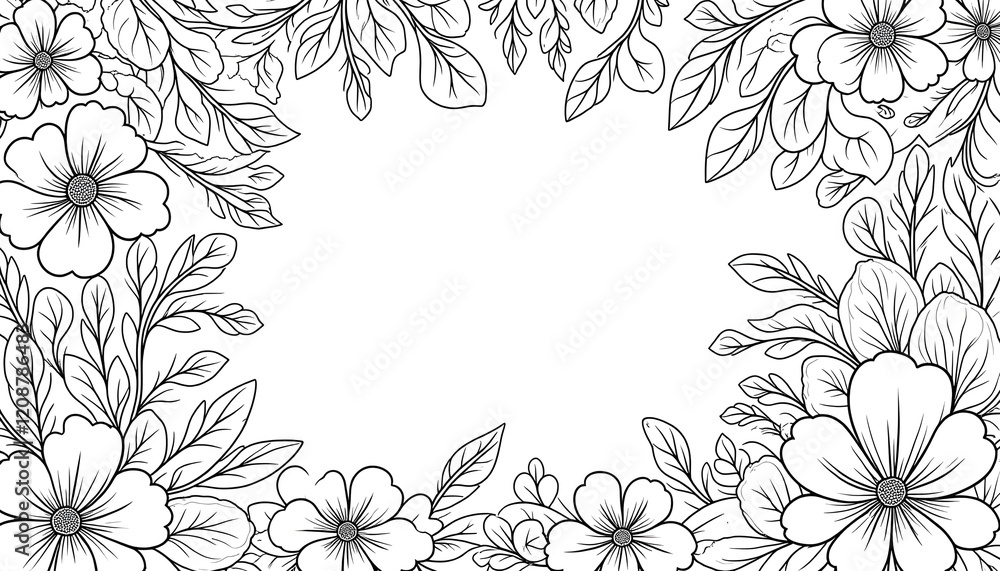 An elegant floral doodle in monochrome, showcasing diverse flowers, leaves, and abstract patterns, perfect for adult coloring books. An elegant floral doodle in monochrome, showcasing diverse flowers, leaves, and abstract patterns, perfect for adult coloring books.