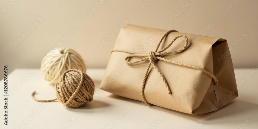 A simply wrapped package tied with natural twine, accompanied by two balls of string, suggesting a handmade gift or craft project. A simply wrapped package tied with natural twine, accompanied by two balls of string, suggesting a handmade gift or craft project.