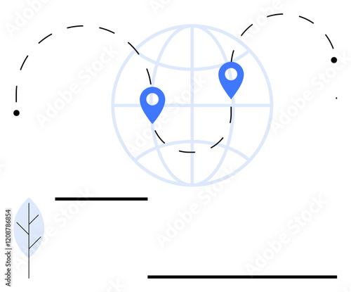 Globe with two location pins connected by dotted lines, minimal design elements thumbs up a leaf and lines. Ideal for global trade, travel, logistics, communication, navigation, geography