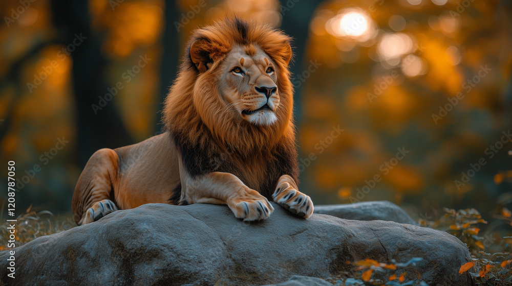 Naklejka premium A lion with a golden mane resting on a rock