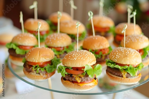 A display of mini burgers on a glass plate, arranged in an elegant and visually appealing way. The burger buns have a golden color from the grill or baking process, each with perfectly cut lettuce lea