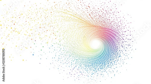 A spiral pattern of dots in rainbow colors, starting small in the center and expanding outward, on a white background.