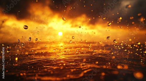 A surreal view of raindrops suspended mid-air, illuminated by a glowing golden sunset breaking through the stormy clouds. photo