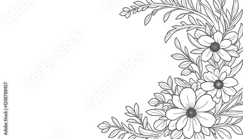 Wallpaper Mural An elegant floral doodle in monochrome, showcasing diverse flowers, leaves, and abstract patterns, perfect for adult coloring books. Torontodigital.ca
