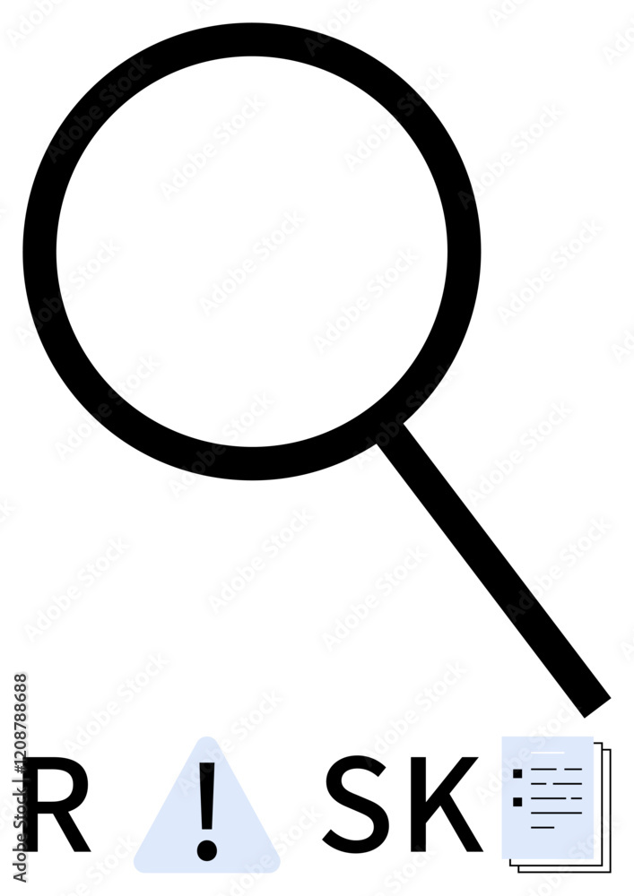 Magnifying glass above the word RISK formed by letter elements and symbols. Ideal for analysis, risk management, compliance, auditing, safety, decision-making, and strategy. Line metaphor Magnifying glass above the word RISK formed by letter elements and symbols. Ideal for analysis, risk management, compliance, auditing, safety, decision-making, and strategy. Line metaphor