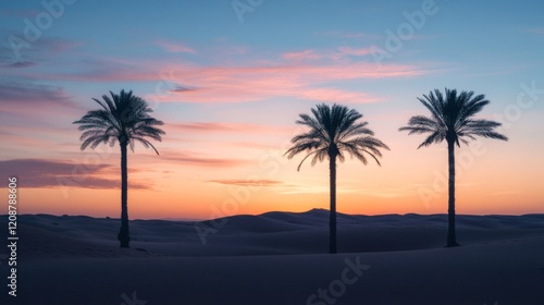 Three Palm Trees Silhouetted Against A Desert Sunset