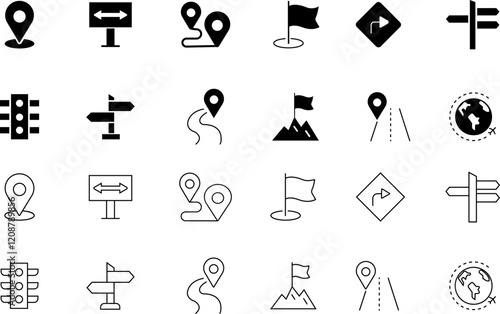 Route related vector line and flat icons set. Contains such as location, map, GPS, place, address, pointer, Navigator, Direction and more collection. Editable Stroke isolated on transparent background