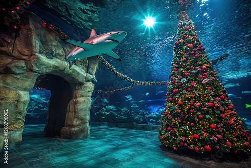 Underwater Christmas Wonderland Featuring a Shark Swimming Near a Festively Decorated Tree and Rocks in a Colorful Aquarium Environment