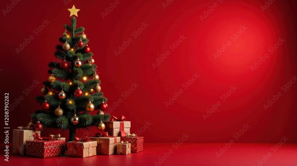 A Festive Holiday Scene with a Decorated Evergreen Tree and Wrapped Gifts on a Vibrant Red Background A Festive Holiday Scene with a Decorated Evergreen Tree and Wrapped Gifts on a Vibrant Red Background