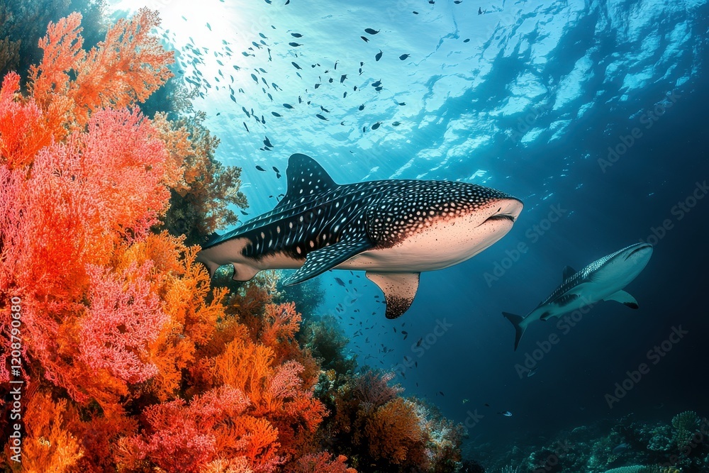 Fototapeta premium Underwater Scene Featuring a Graceful Whale Shark Swimming Through Vibrant Coral Reefs Surrounded by Schools of Fish in Crystal Clear Ocean Waters