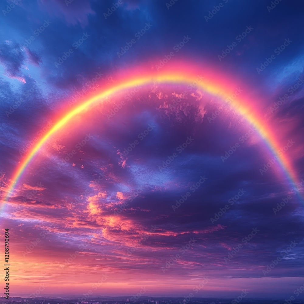 Sunset rainbow over city, vibrant clouds. Sunset rainbow over city, vibrant clouds.