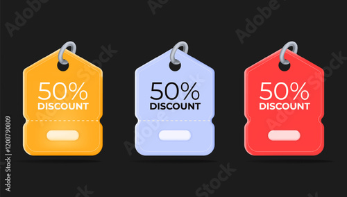 3d Colorful discount tags showcasing 50% off in orange, blue, and red. promotions, sales, and e-commerce campaigns, illustrator vector